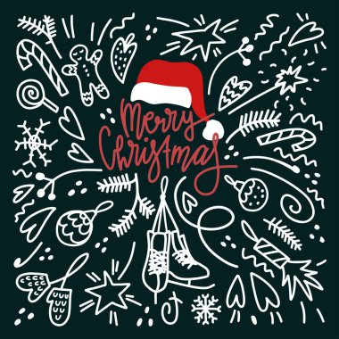 Doodle tarzı Noel kartı . Harfler ve nesneler kompozisyon. Kart tasarımı