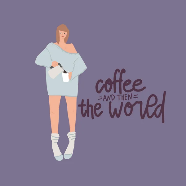 Młoda kobieta w przytulnym swetrze i skarpetkach z dzbankiem do kawy i filiżanką — Wektor stockowy