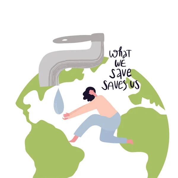 Illustration eines umweltfreundlichen Lebensstils. Frau, großer Wasserhahn, Wassertropfen, Umriss der Erde im Hintergrund. Weltumwelttag, Naturschutz, Naturschutzkonzept — Stockvektor