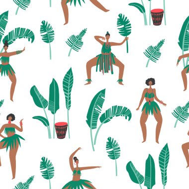 Dans eden kadınlar, davullar ve palmiye yaprakları desenleri. Yazdırma ögesi