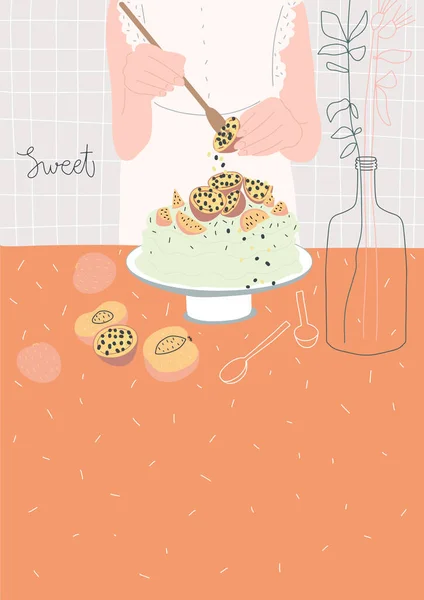 女人用水果做漂亮的蛋糕。家里的面包店明信片、印刷品、封面设计的矢量模板 — 图库矢量图片
