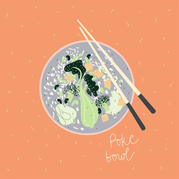 野菜と鮭の魚をボウルに入れてください ベクトル手描きイラスト — ストックベクタ