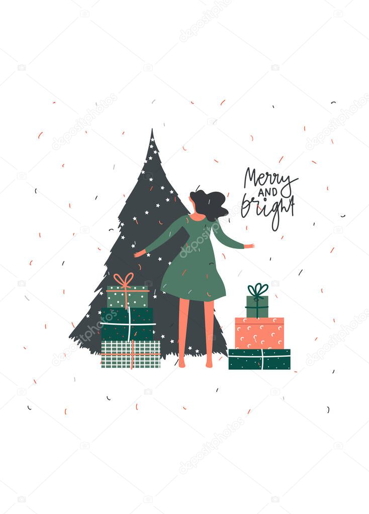 Merry Christmas celebration greeting card design. Noel gift with presents near Christmas tree. Hand written text , Vector flat illustration