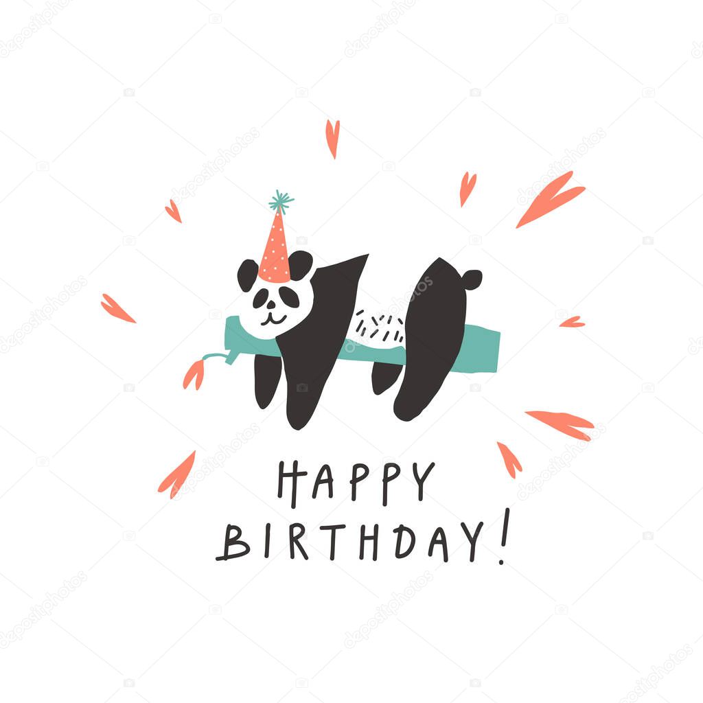 Birthday card template. Cute panda in festive hat and handwritten Happy Birthday phrase