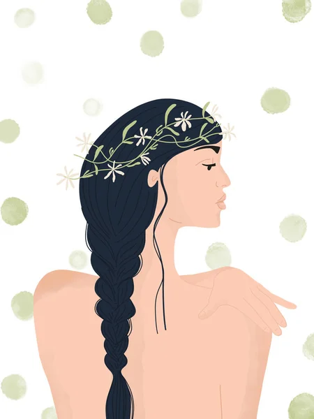 Meztelen nő hosszú hajjal és gyönyörű virágkoszorúval a fején. — Stock Fotó