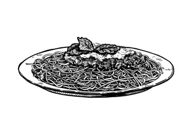 Spagetti yemekleri vintage oyulmuş tarzı plaka üzerinde çizilen illüstrasyon vektör ver. Beyaz arka plan üzerinde izole. 