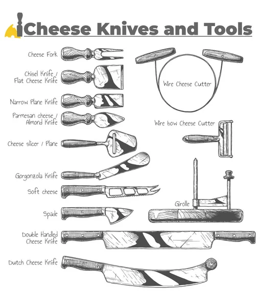 Vector Hand Getekend Illustratie Van Kaas Messen Tools Vintage Gegraveerde — Stockvector