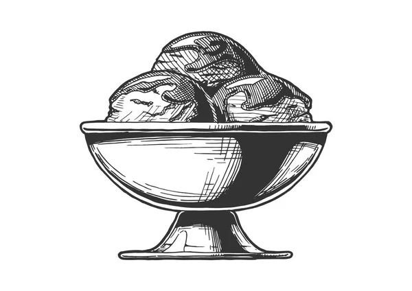 Векторная Ручная Иллюстрация Мороженого Подаваемого Стальной Чаше Винтажном Выгравированном Стиле — стоковый вектор