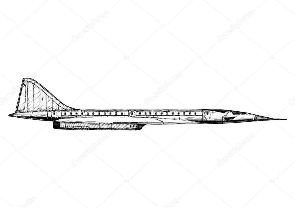 Vector hand drawn illustration of Supersonic transport in vintage engraved style. side view. Isolated on white background. 