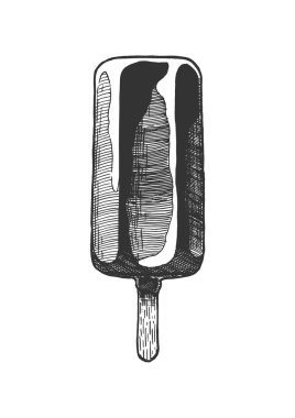 dondurma çubuğu'nda bir sopa. Vintage oyulmuş tarzı çizilmiş illüstrasyon vektör ver. Beyaz arka plan üzerinde izole. 