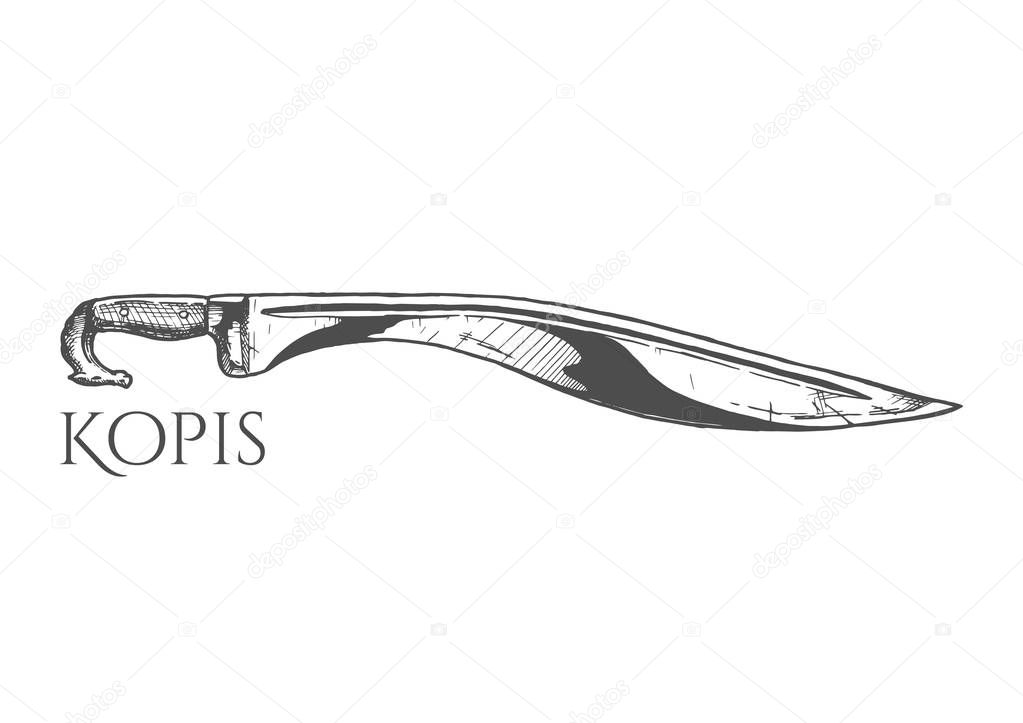 Kopis sword. Ancient Greek edged weapon, hoplite equipment. Vector hand drawn illustration in vintage engraved style. Isolated on white background.