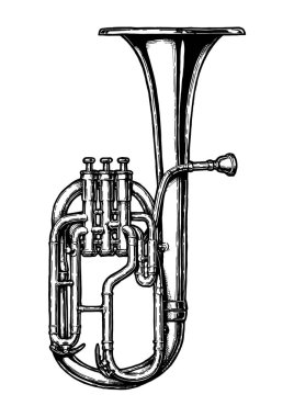 Tenor korna vintage oyulmuş tarzı çizilmiş illüstrasyon vektör ver. Beyaz arka plan üzerinde izole.