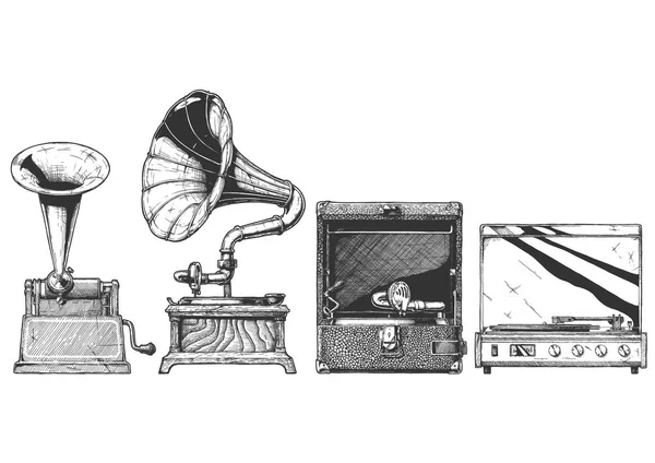 ベクターの手には 刻まれたヴィンテージスタイルの設定レコード プレーヤーの進化のイラストが描かれました シリンダー蓄音機 蓄音機 ポータブル風 ターン テーブル — ストックベクタ