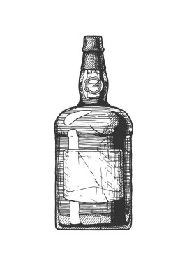 Porto şarabı şişe, Portekizli tatlı şarap vintage oyulmuş tarzı tür vektör elle çizilmiş çizim. Beyaz arka plan üzerinde izole.