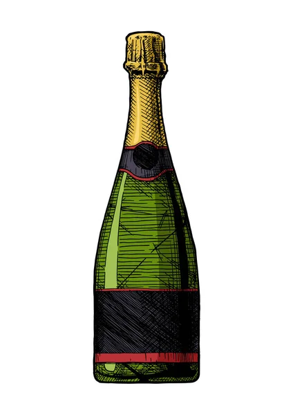 Une Bouteille Vin Illustration Vin Mousseux Dans Style Gravé Vintage — Image vectorielle