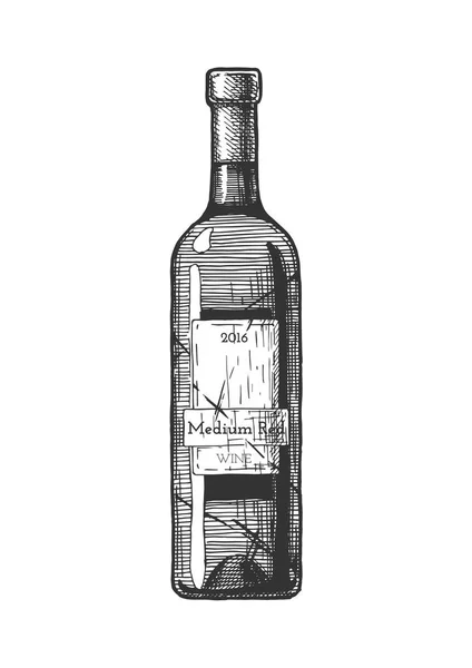 Weinflasche Illustration Von Mittlerem Rotwein Gestochenen Stil Isoliert Auf Weißem — Stockvektor
