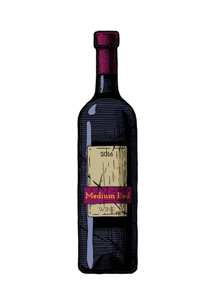 Vinflaska Illustration Medium Rött Vin Vintage Präglade Stil Isolerad Vit — Stock vektor