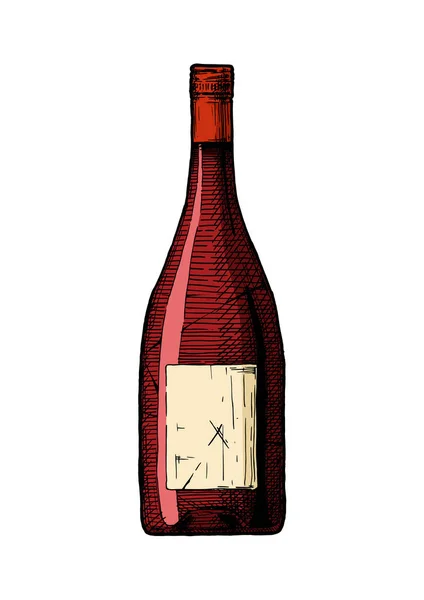 Vinflaska Illustration Ljus Rött Vin Vintage Präglade Stil Isolerad Vit — Stock vektor