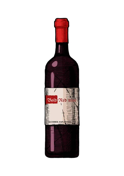 Şarap Şişesi Illüstrasyon Koyu Kırmızı Şarap Vintage Tarzı Kazınmış Beyaz — Stok Vektör