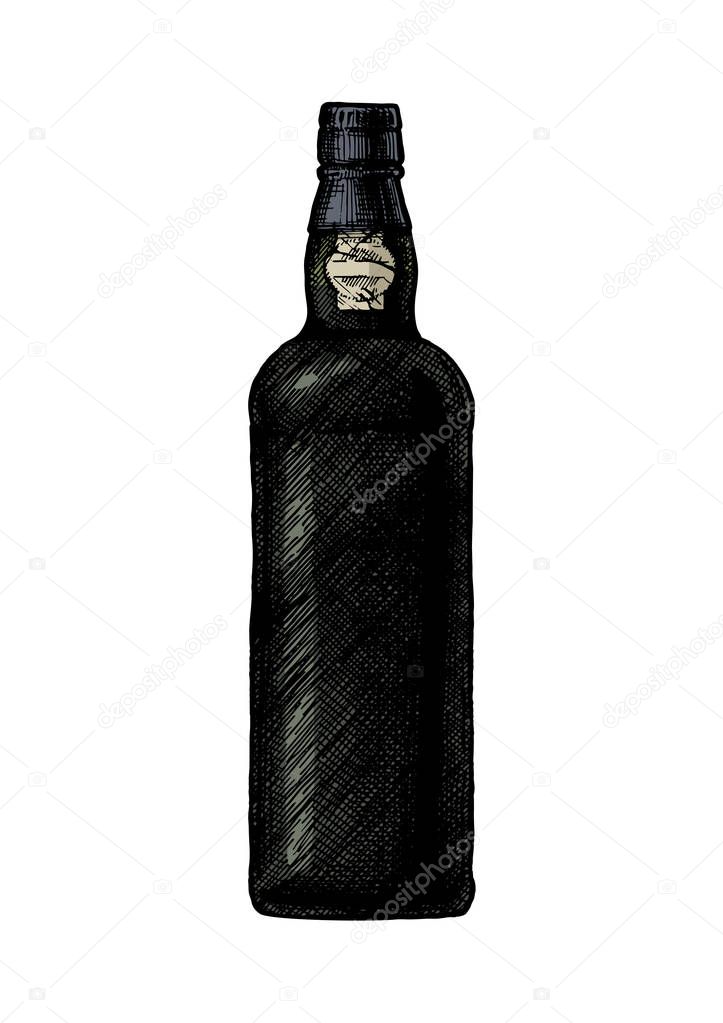 Vector ilustración dibujada a mano de botella de vino de Oporto, tipo