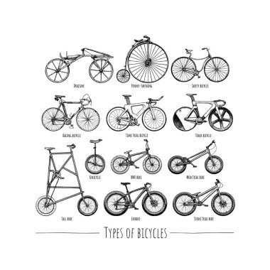 Types of bicycles. Vector hand drawn illustration of different bikes in vintage engraved style. Isolated on white background.