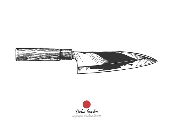 Deba Bocho Japon Mutfak Bıçağı Vintage Oyulmuş Tarzı Çizilmiş Illüstrasyon — Stok Vektör