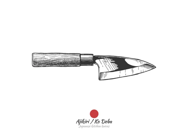 Deba Ajikiri Japanese Kitchen Knife Vector Hand Drawn Illustration Vintage — Stock Vector