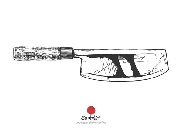 Sushikiri 文字通り寿司カッター 日本の包丁 ベクトルは手刻まれたヴィンテージスタイルの描き下ろしイラストです 白い背景に分離 — ストックベクタ