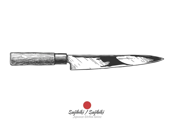 Sujihiki Sujibiki Japanese Kitchen Knife Vector Hand Drawn Illustration Vintage — Stock Vector