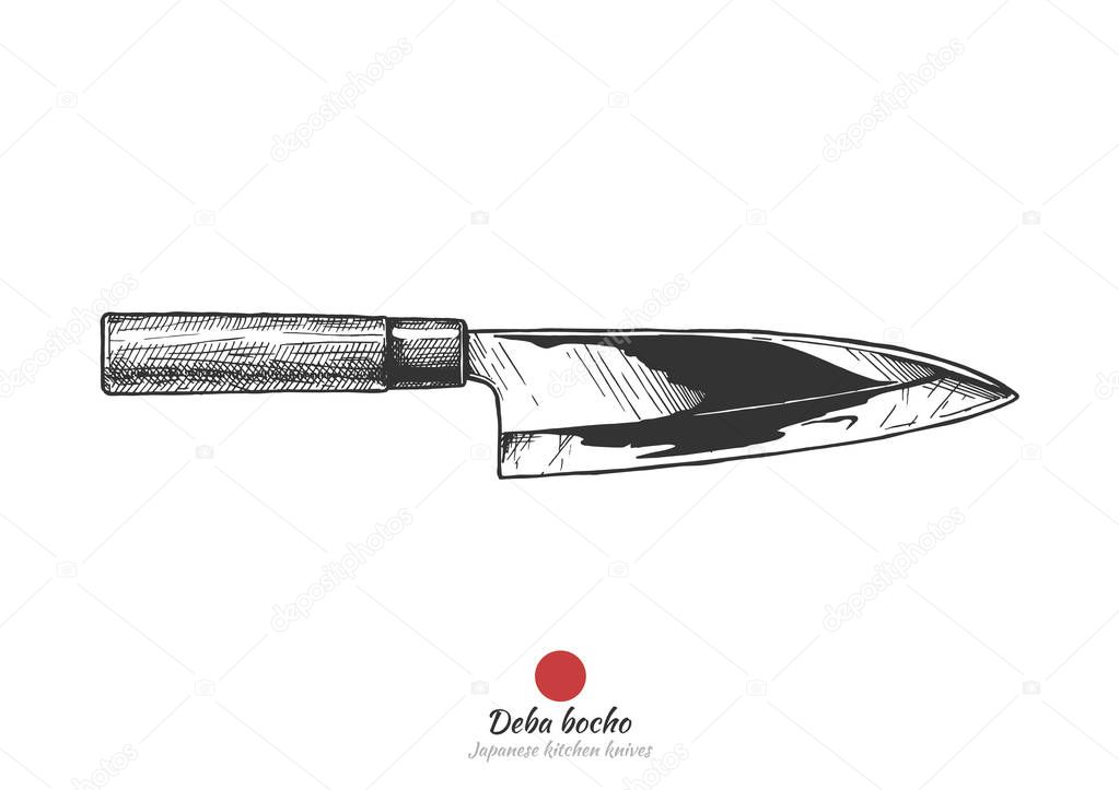 Deba bocho, Japanese kitchen knife. Vector hand drawn illustration in vintage engraved style. Isolated on white background. 