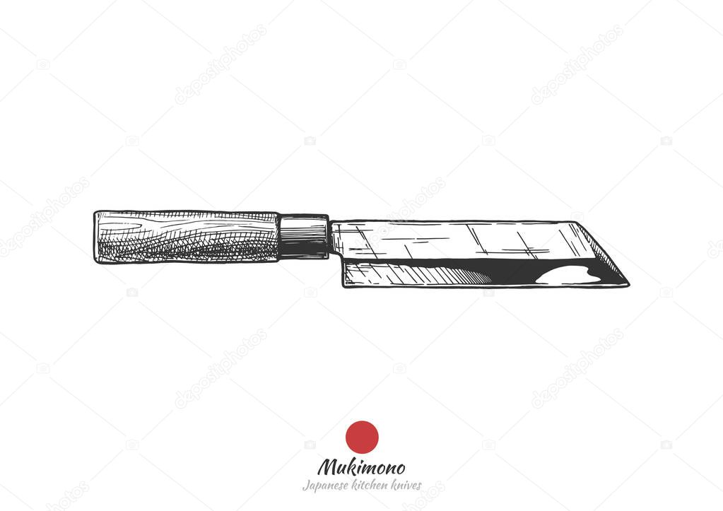Mukimono, Japanese kitchen knife for vegetables. Vector hand drawn illustration in vintage engraved style. Isolated on white background.