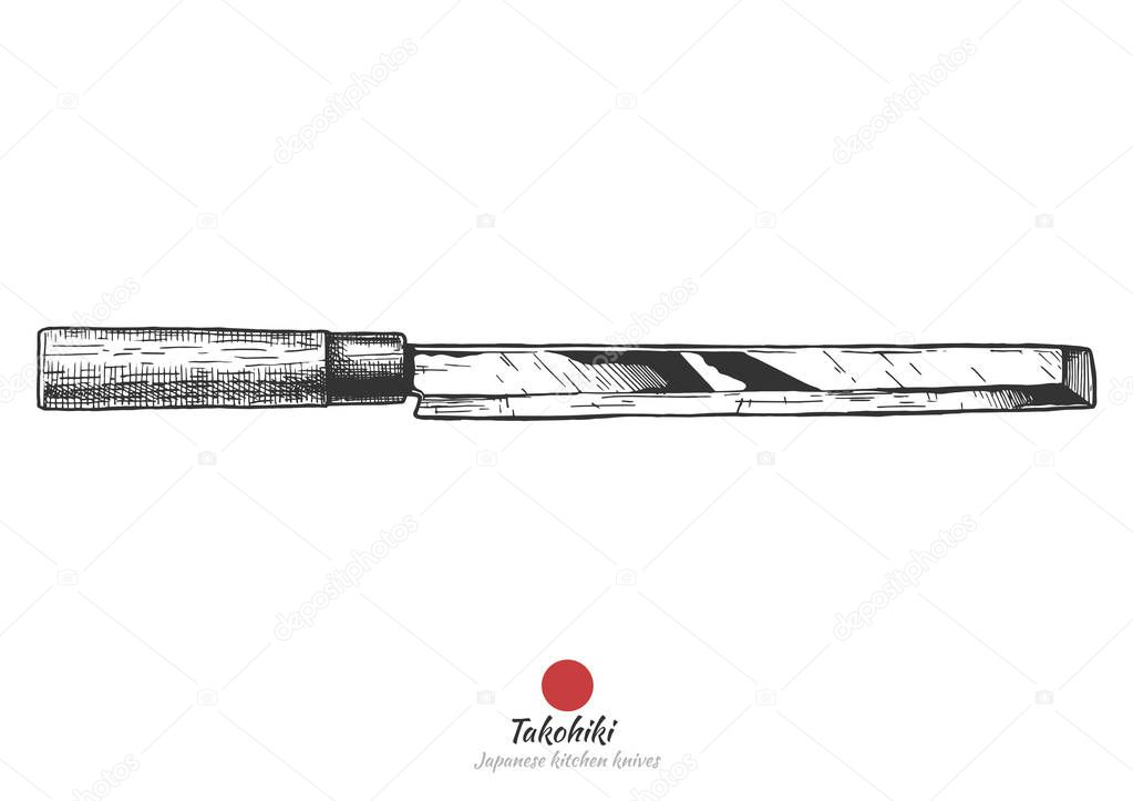 Takohiki (literally octopus cutter), Japanese kitchen knife.  Vector hand drawn illustration in vintage engraved style. Isolated on white background.