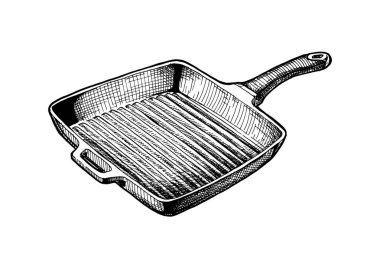 Vintage oymalı Griddle tavasının illüstrasyonunu çizmiş. Beyaz arkaplanda izole. 