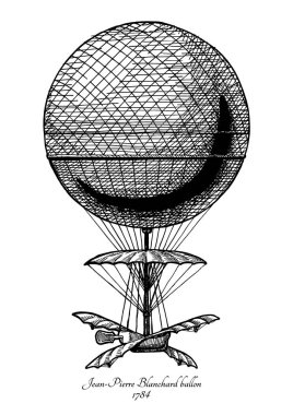 Vector hand drawn illustration of Jean-Pierre Blanchard balloon in vintage engraved style. Isolated on white background. The first Hot air balloon. clipart