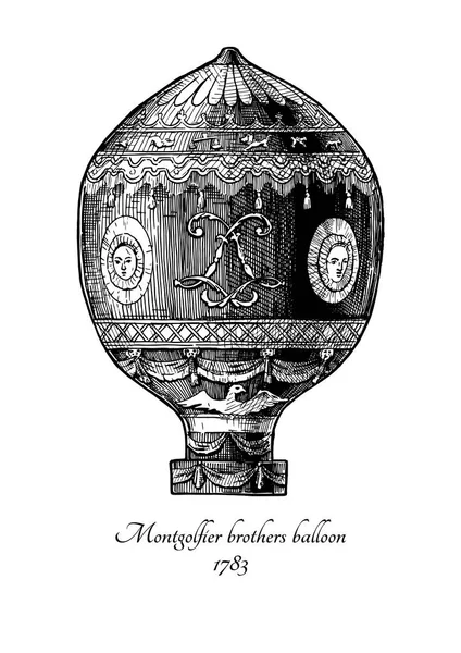 矢量手绘说明蒙戈利耶兄弟气球在复古雕刻风格 隔离在白色背景上 第一个热气球 — 图库矢量图片