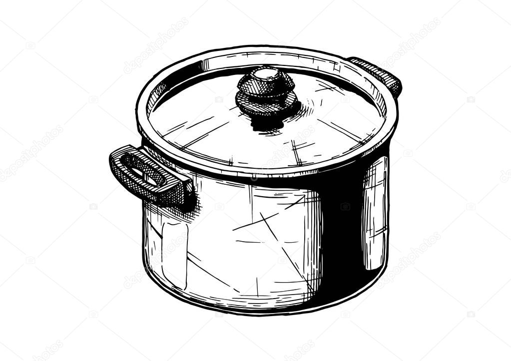 Vector hand drawn illustration of Stock pot in vintage engraved style. Isolated on white background. 