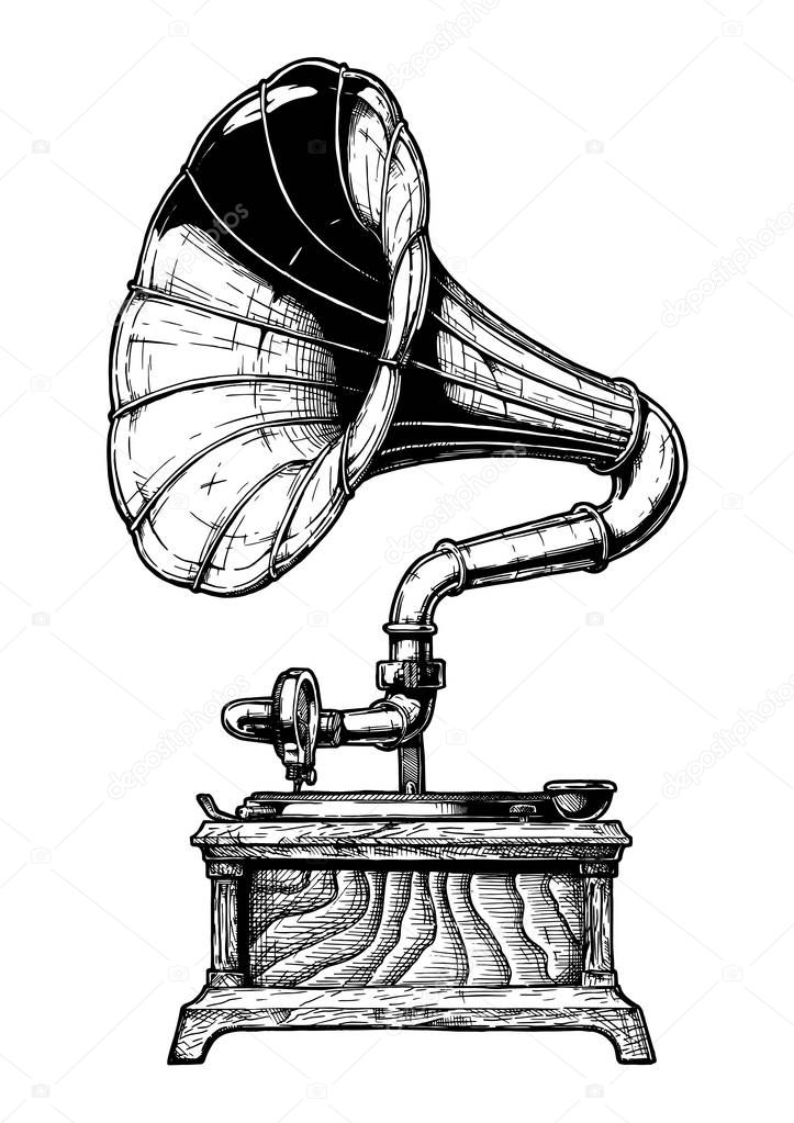 Vector hand drawn illustration of record gramophone in vintage engraved style. Isolated on white background. 