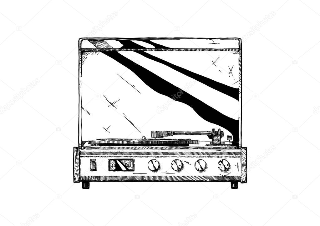 Vector hand drawn illustration of turntable in vintage engraved style. Isolated on white background. 