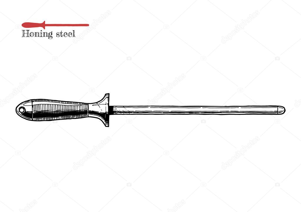 Vector hand drawn illustration of Honing Steel or Sharpening Rod in vintage engraved style. Isolated on white background. 