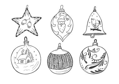 Vektör el Noel süsler kümesi oyulmuş vintage tarzı çekilmiş. Beyaz arka plan üzerinde izole.