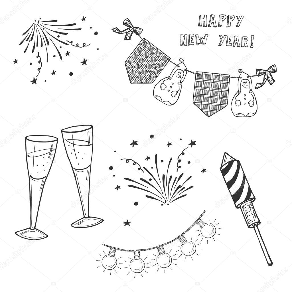 Vector hand drawn illustration of Happy New Year Set.  Fireworks and Rocket Firework, garland flag and lamp, clinking glasses with champagne. Isolated on white background.