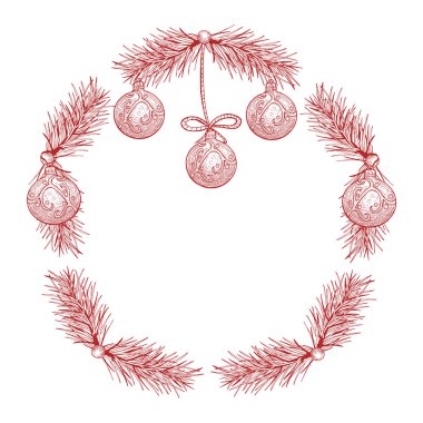 Noel çelenk mürekkep elinde vektör çizim tarzı çizilmiş.