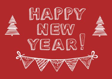 Mutlu yeni yıl kartı. Vektör el Noel kompozisyon yazı garland bayrak ve yılbaşı ağaçları ile kırmızı zemin üzerine çekilmiş.