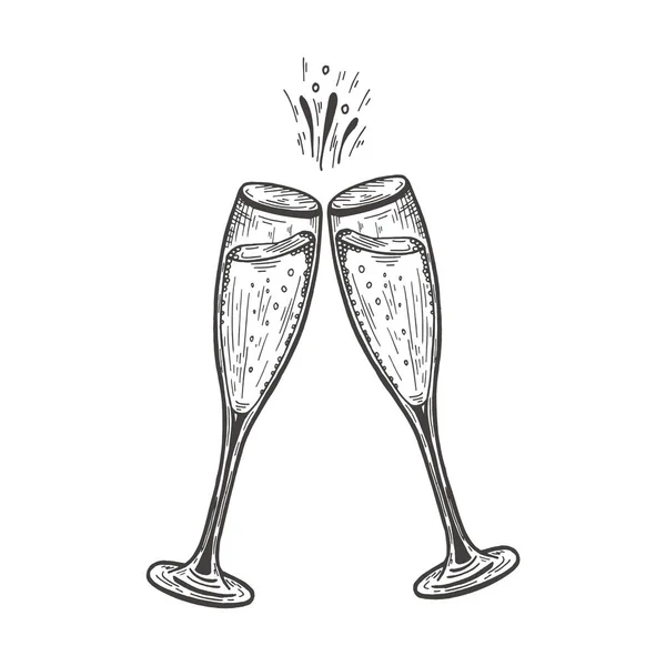 Gläser Klirren Mit Champagner Vektor Handgezeichnete Illustration Isoliert Auf Weißem — Stockvektor
