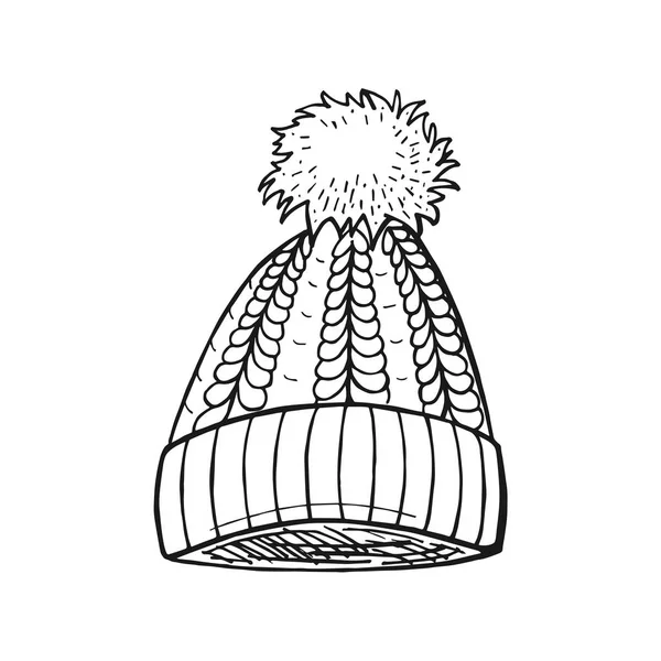 Vector Hand Getekend Illustratie Van Kabel Pom Pom Hat Vintage — Stockvector