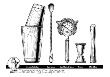 Profesyonel barmen kiti ayarlayın. Kaşık, bar kokteyl shaker Hawthorne süzgeç, banyo ve karıştırma çubuğu. Barmenlik ekipman vintage oyulmuş tarzı çizilmiş illüstrasyon vektör ver. Beyaz arka plan üzerinde izole.