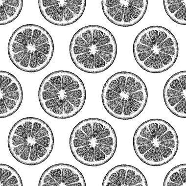 Vektör siyah beyaz narenciye, limon ve portakal dilimleri ile seamless modeli. vintage oyulmuş tarzı resimde