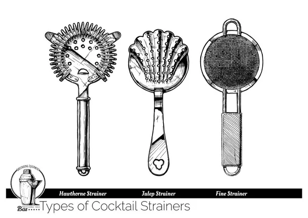 Types Cocktail Strainers Hawthorne Julep Fine Mesh Strainer Vector Hand — Stock Vector