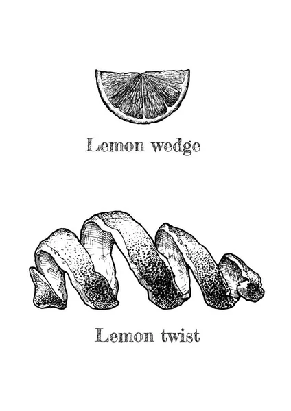 レモンのねじれと刻まれたヴィンテージスタイルのウェッジのベクトルの手描きイラスト 白い背景に分離 — ストックベクタ