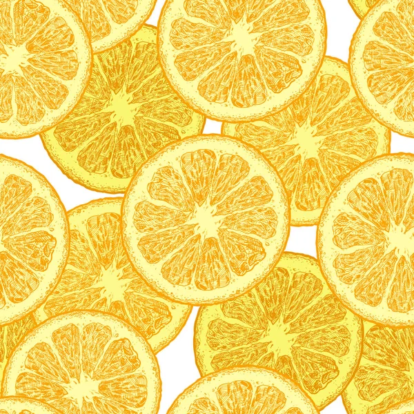 柑橘類 オレンジ色のウェッジとのシームレスなパターン 刻まれたヴィンテージスタイルのベクトル図 — ストックベクタ